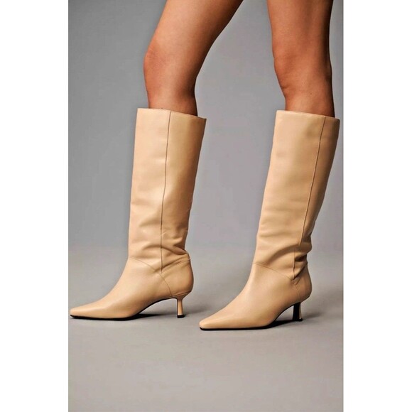 NWT ANTHROPOLOGIE KNEE HIGH POINTED TOE LEATHER KITTEN HEEL BOOTS LITE SAND 40 9 - Picture 2 of 14